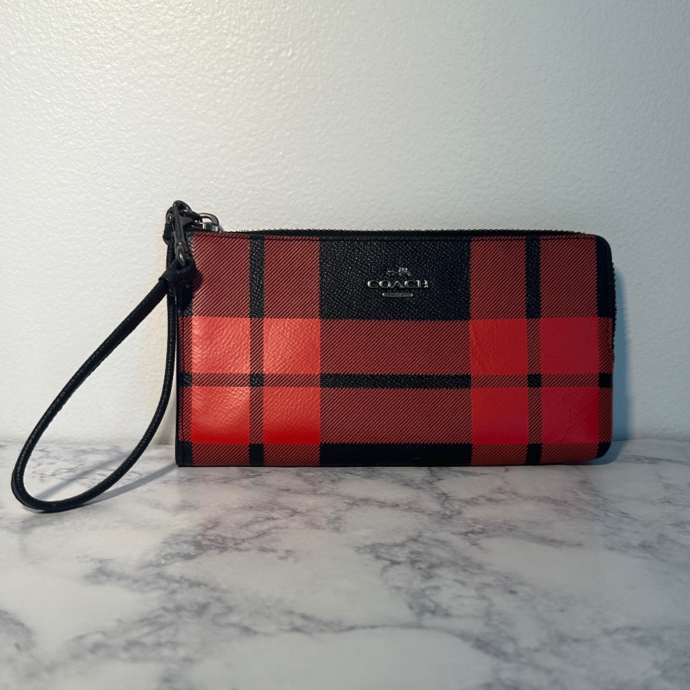 Coach Red and Black Plaid Wallet Wristlet
